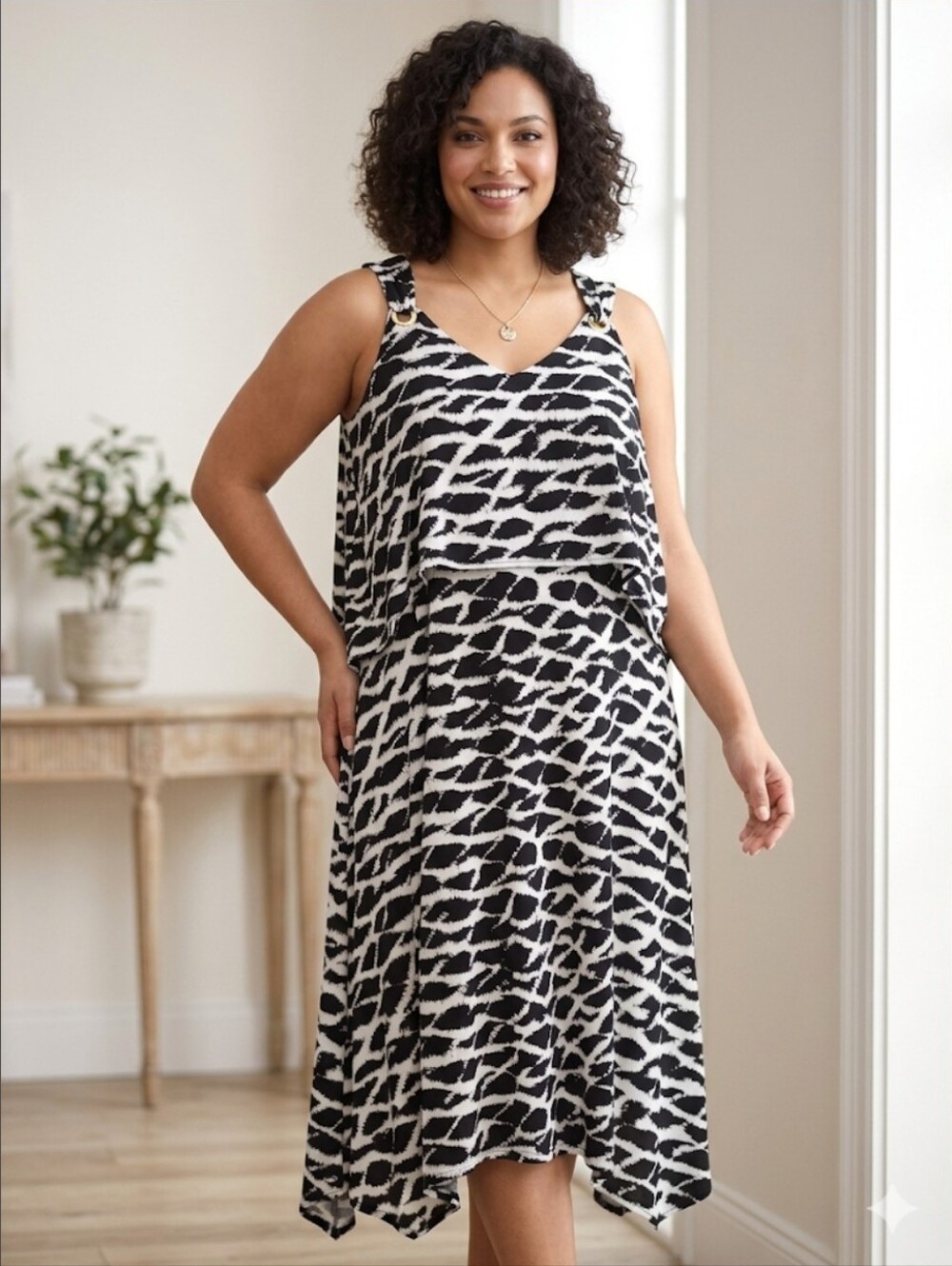 NEW! RAFAELLA  Black and White  Midi Flowy Women's Dress,Longer Sides SIZE LARGE
